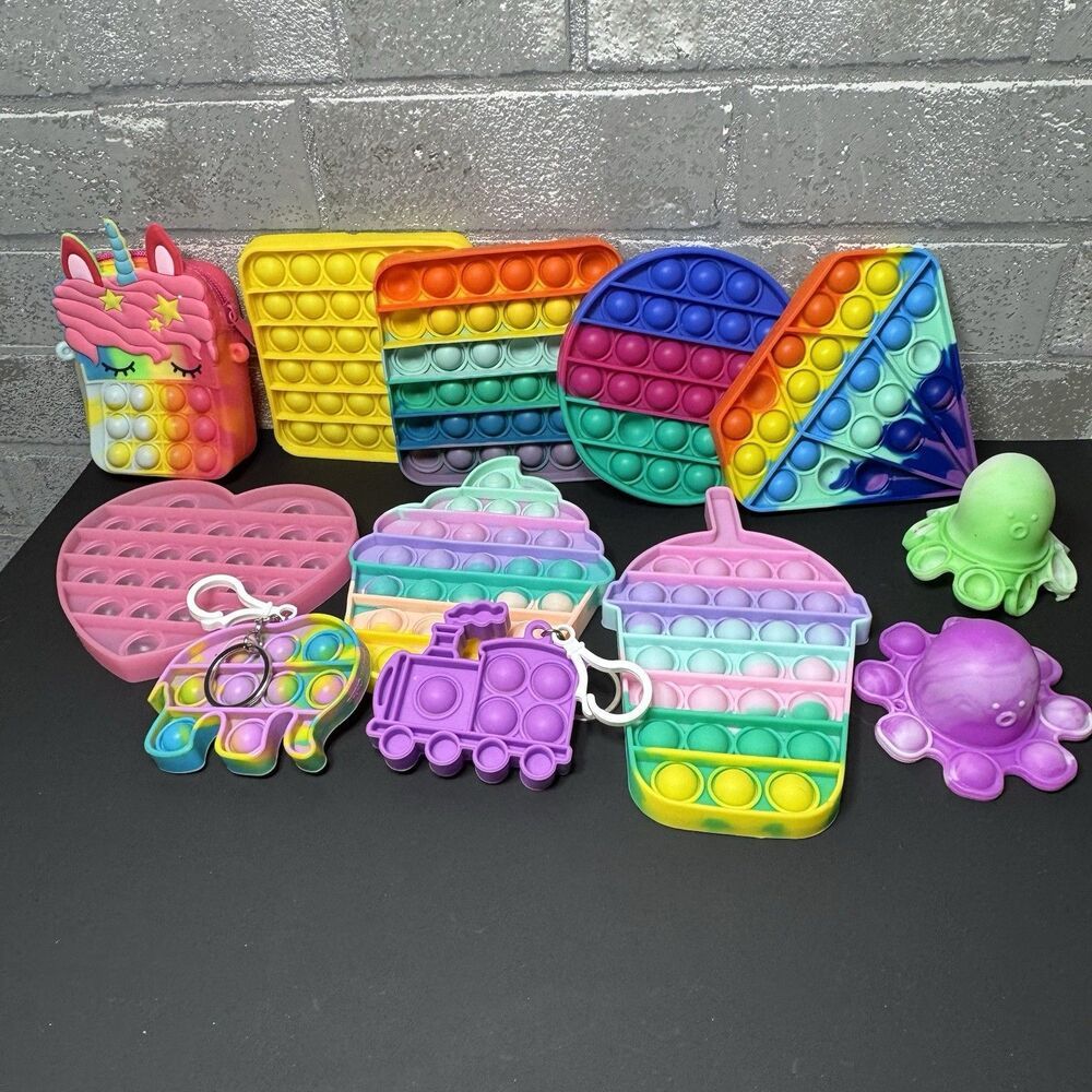 12 Pc Pop It Fidget Toy Lot Sensory Toys Unicorn Octopus Keychains Purse Bundle
